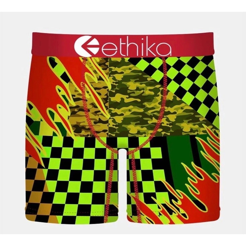 Ethika Boys The Staple Boxer Briefs Large Green Checker Camo Flame New